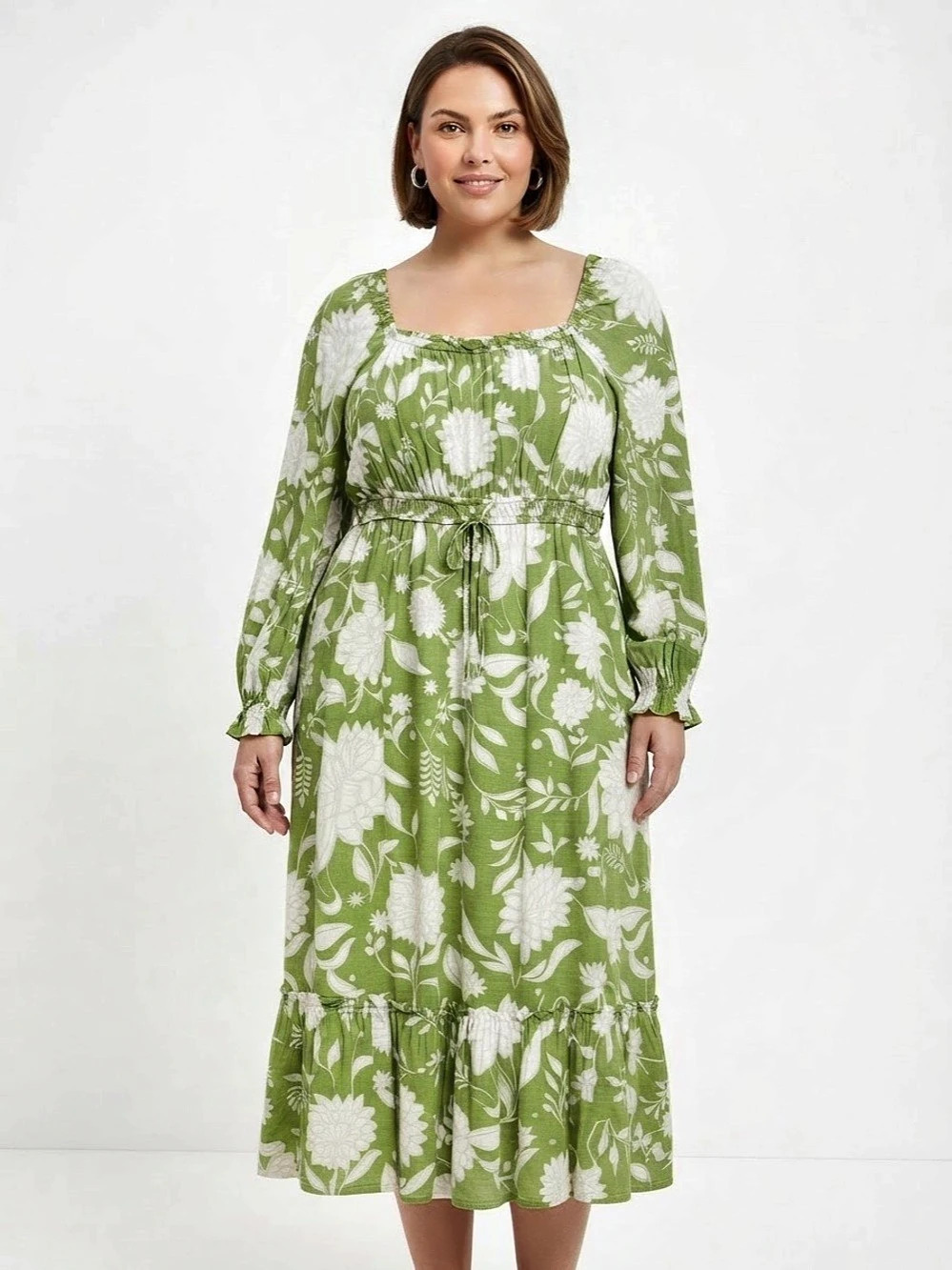 AVA & VIV Floral Midi Dress in Green & White Size XL Like New